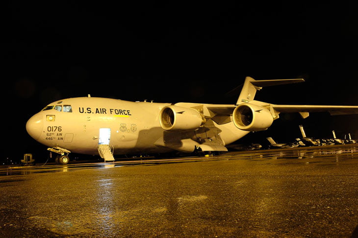 A C-17 Globemaster III, like the one pictured here, aeromedically evacuated a British soldier in late July from Afghanistan to Ramstein Air Base, Germany. Before the soldier could be evacuated, an additional C-17 and a C-130 Hercules were needed to airlift specialized medical teams and equipment into place. U.S. Air Force photo/Senior Airman Clay Lancaster.