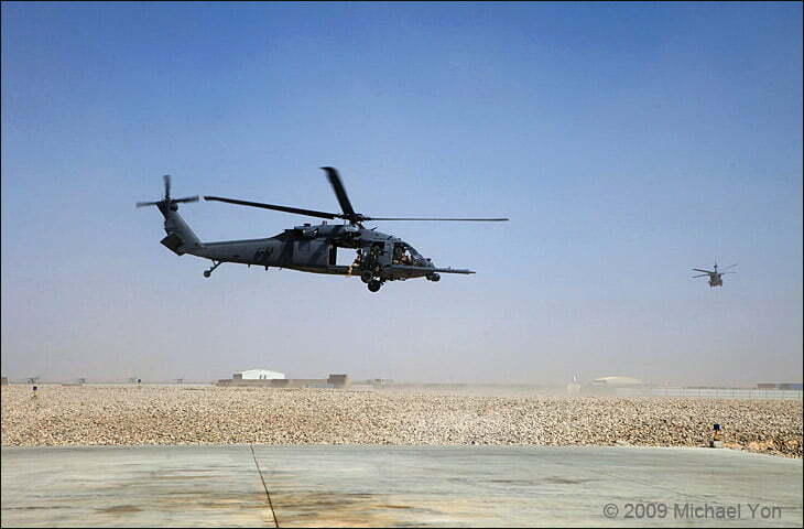 Air Force Rescue Helicopters launching on a mission from Camp Bastion.