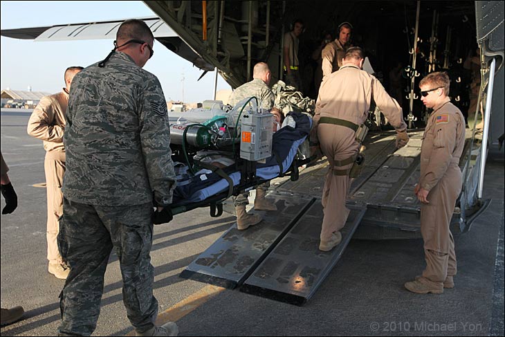 An ambulatory patient strapped on his seatbelt and a sedated Canadian soldier was loaded.