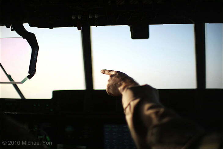 Co-pilot Captain Tanner Bergsrud spots fighter jets coming out of the sun.