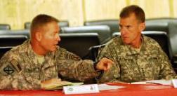 LOGAR PROVINCE, Afghanistan (Aug. 20, 2009): Col. David Haight, commander of 3rd Brigade, 10th Mountain Division (left), briefs Gen. Stanley McChrystal, the commander of International Security Assistance Force, on the progress of Task Force Spartan's area of operation and the efforts of the Provincial Reconstruction Teams at Forward Operating Base Shank, Aug. 21. (Photo by Spc. Matthew Thompson; courtesy Dept. of Defense.).