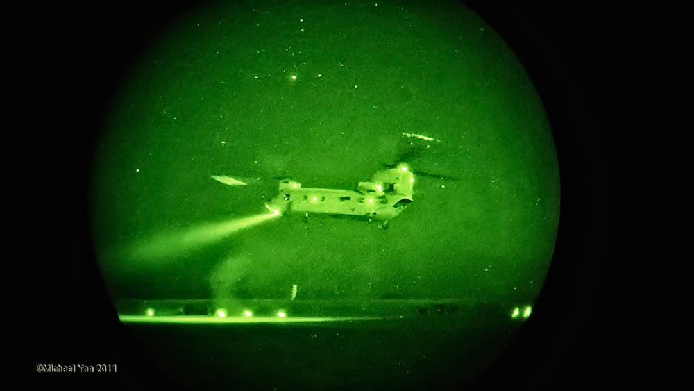 Chinook at night seen through night vision green