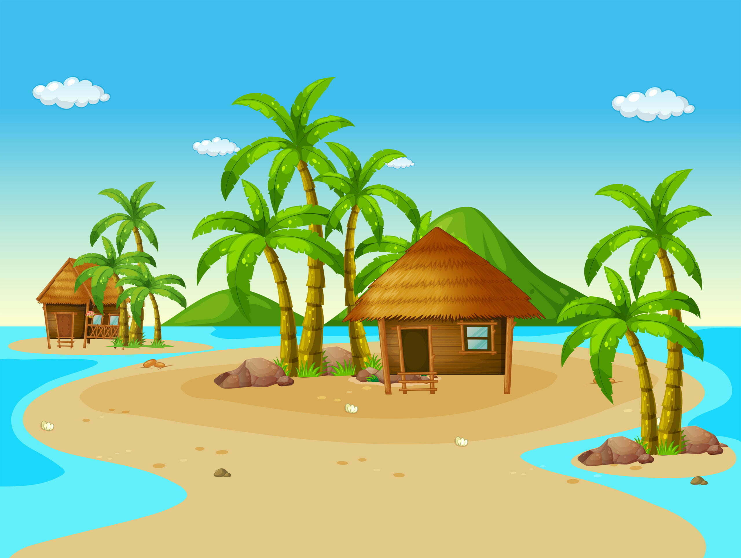 Scene with wooden huts on island